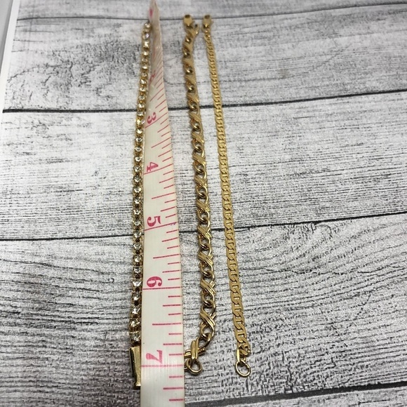 𝅺Vintage gold tone elegant glam costume chain tennis bracelets bundle 3 layer. - Picture 5 of 5